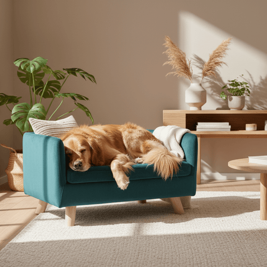 toutou allonger sur canape sur pieds en bois pour grand chien