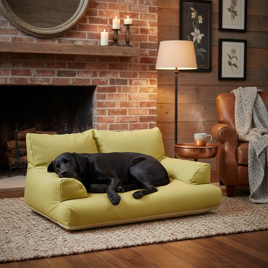 toutou allonger sur la banquette pour chien dans salon rustique