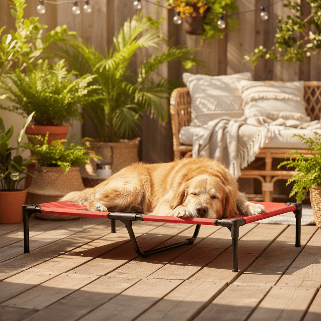 toutou allonger sur lit de camp pour chien XXL sur la terrasse