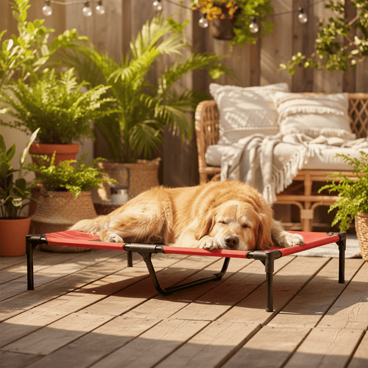toutou allonger sur lit de camp pour chien XXL sur la terrasse