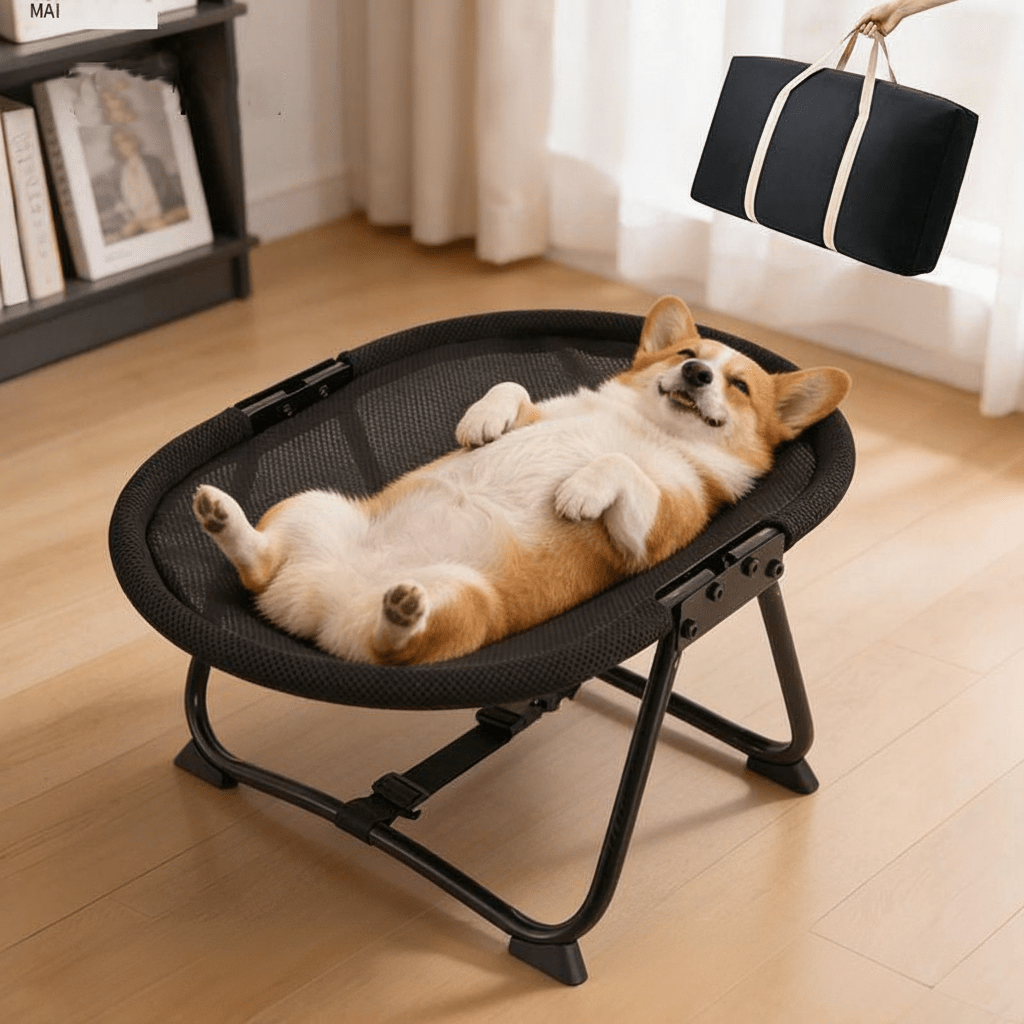 toutou allonger sur lit pour chien surélevé regarde le sac
