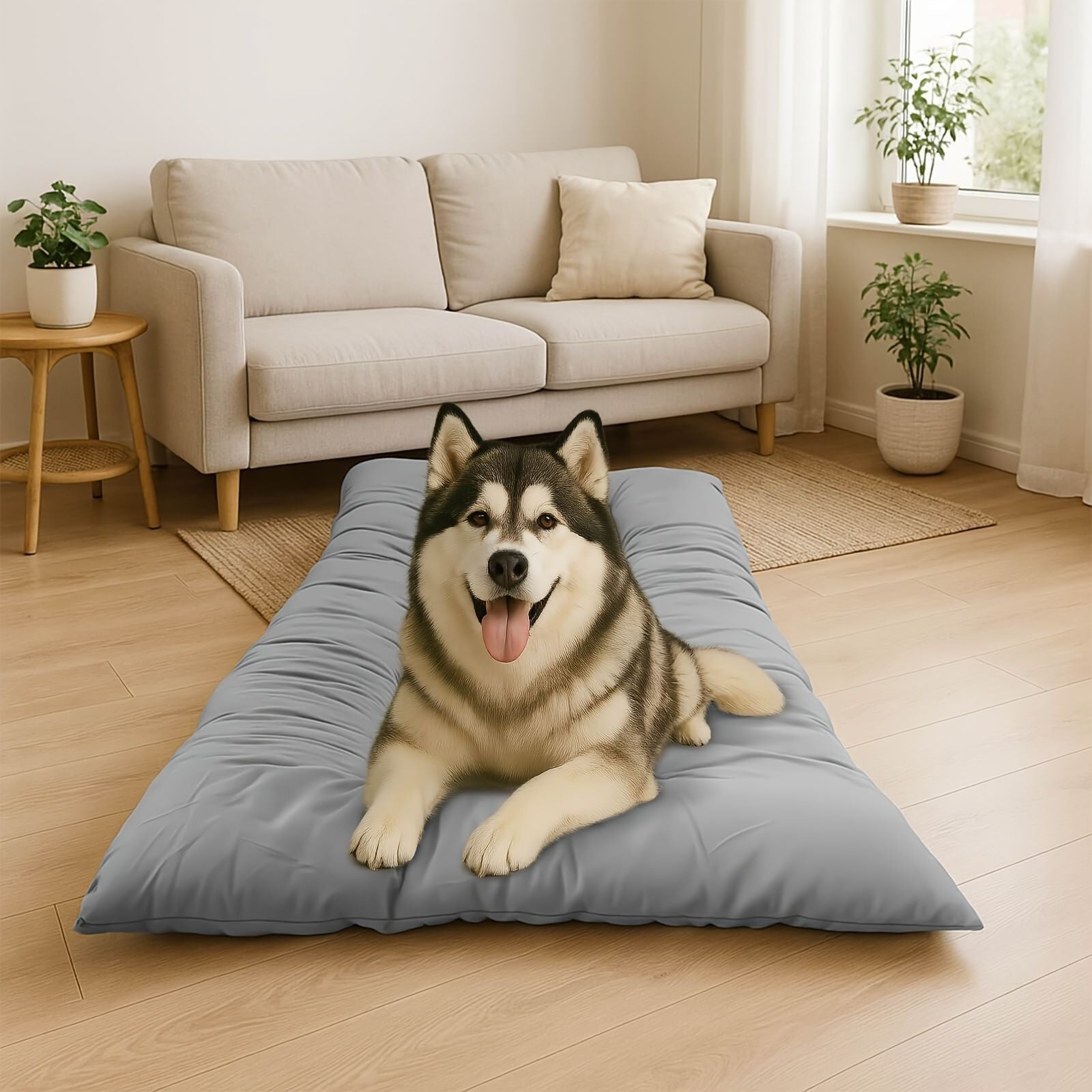 toutou allonger sur matelas rafraichissant pour chien dans salon