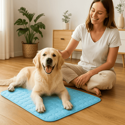 toutou allonger sur son tapis chien rafraichissant avec sa maitresse