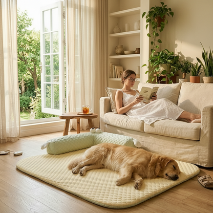 toutou allonger sur tapis orthopédique pour chien avec coussin
