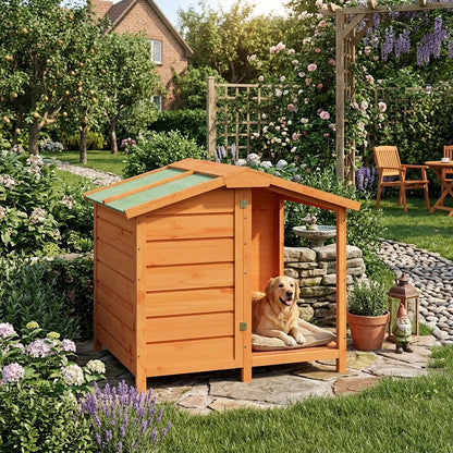 toutou allonger sur terrasse de cabane pour chien en bois