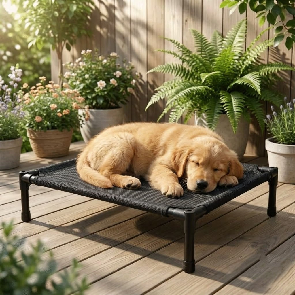 toutou allonger sur lit pour chien surélevé