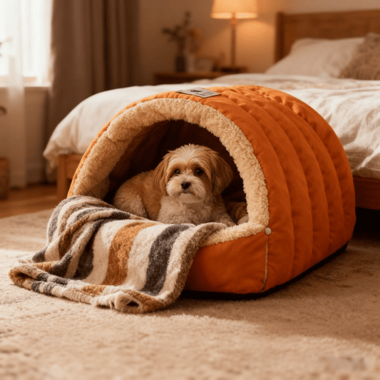 toutou assis dans   igloo pour chien semi ferme