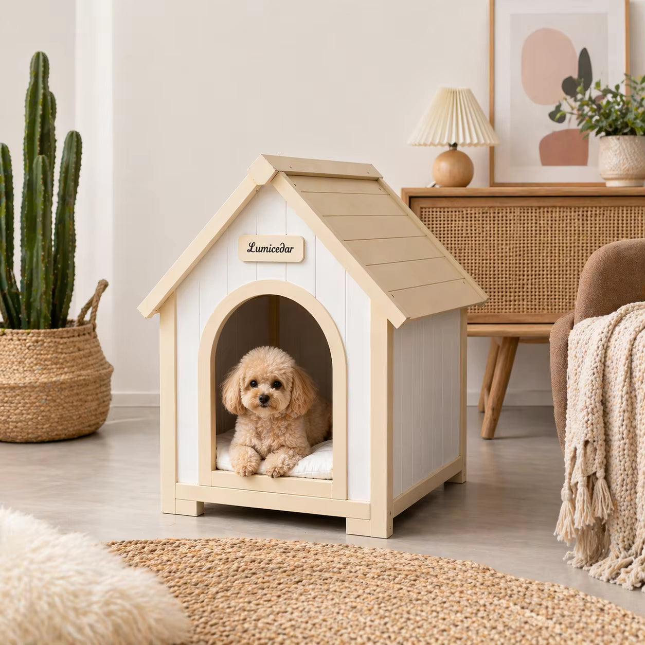 toutou assis dans cabane d'intérieur pour chien