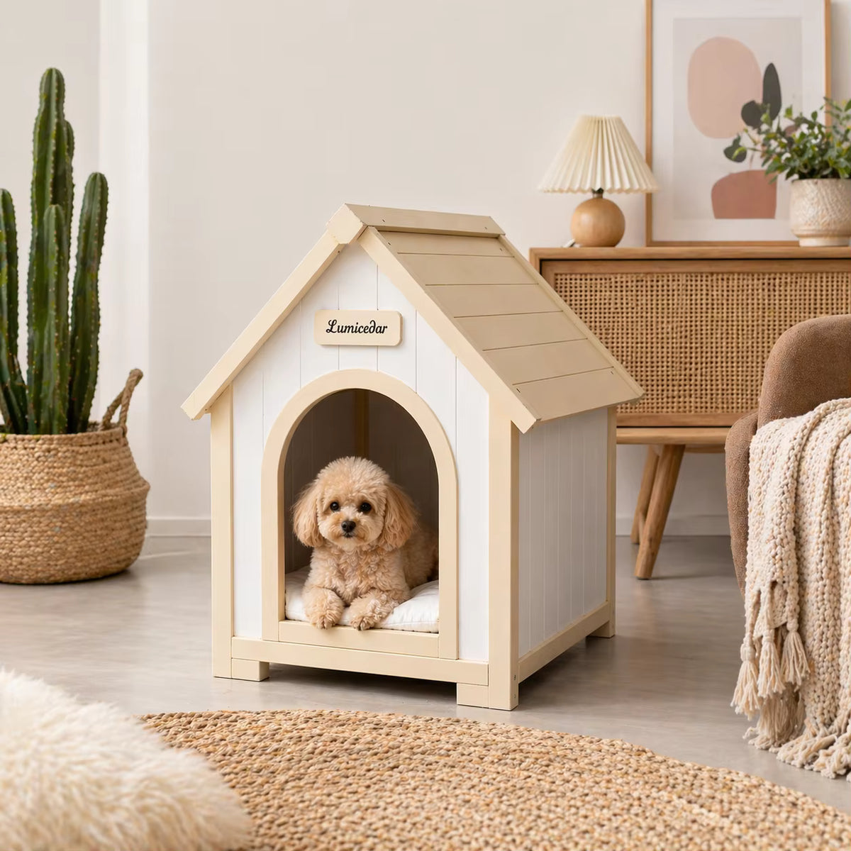 toutou assis dans cabane d'intérieur pour chien