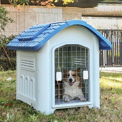 toutou assis dans cabane pour chien extérieur