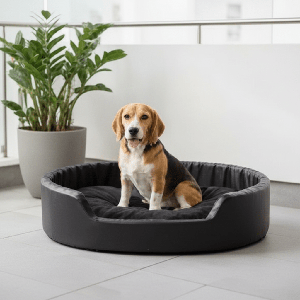 toutou assis dans canapé orthopédique chien antidérapant