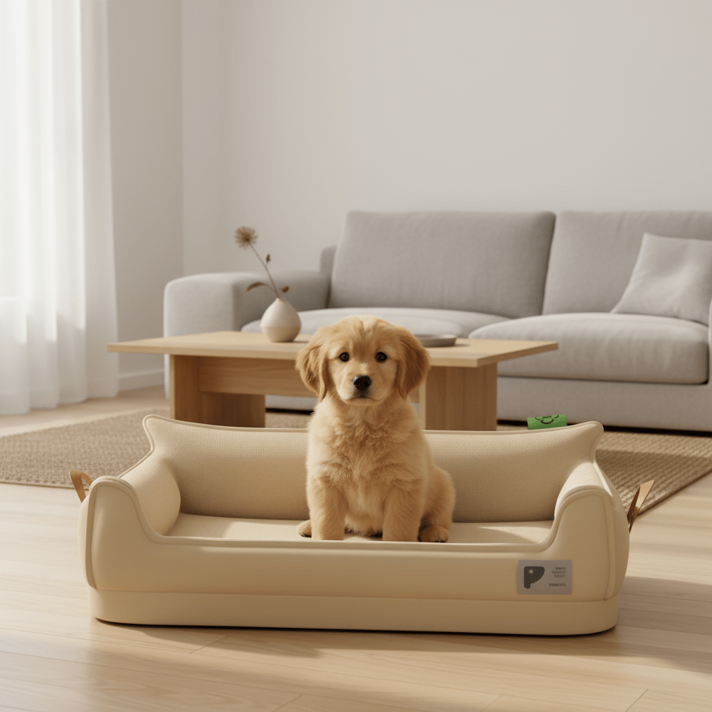 toutou assis dans canapé orthopédique chien chauffant antidérapant
