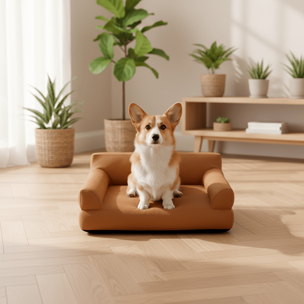 toutou assis dans canapé orthopédique chien lavable
