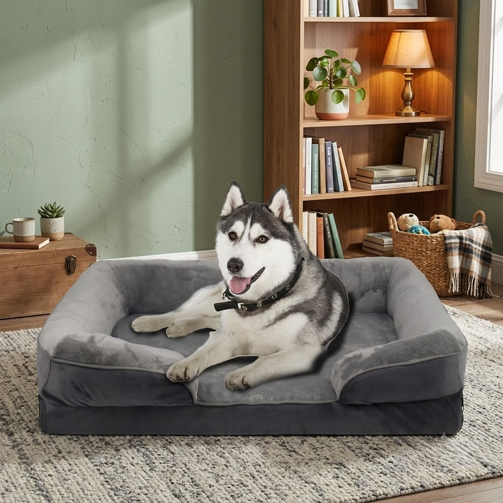 toutou assis dans canapé pour chien XXL couleur gris