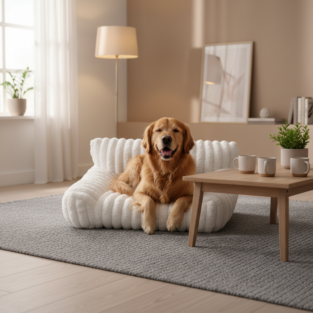 toutou assis dans canapé pour chien en peluche couleur blanche 