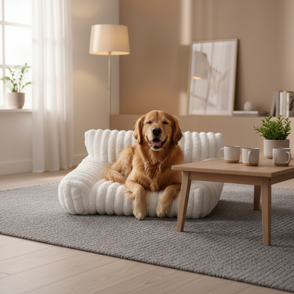toutou assis dans canapé pour chien en peluche couleur blanche 