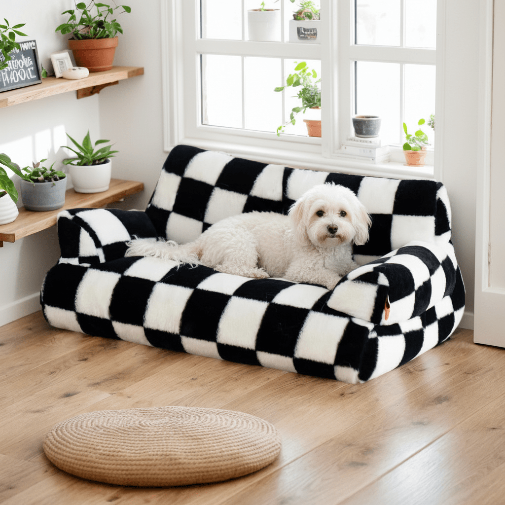 toutou assis dans canapé pour petit chien confortable