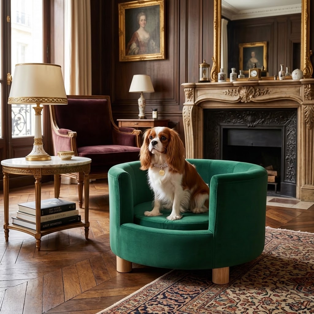 toutou assis dans canape luxe pour chien coussin amovible