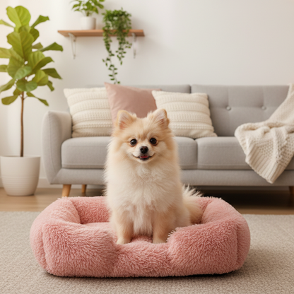 toutou assis dans canape pour chien dans salon 