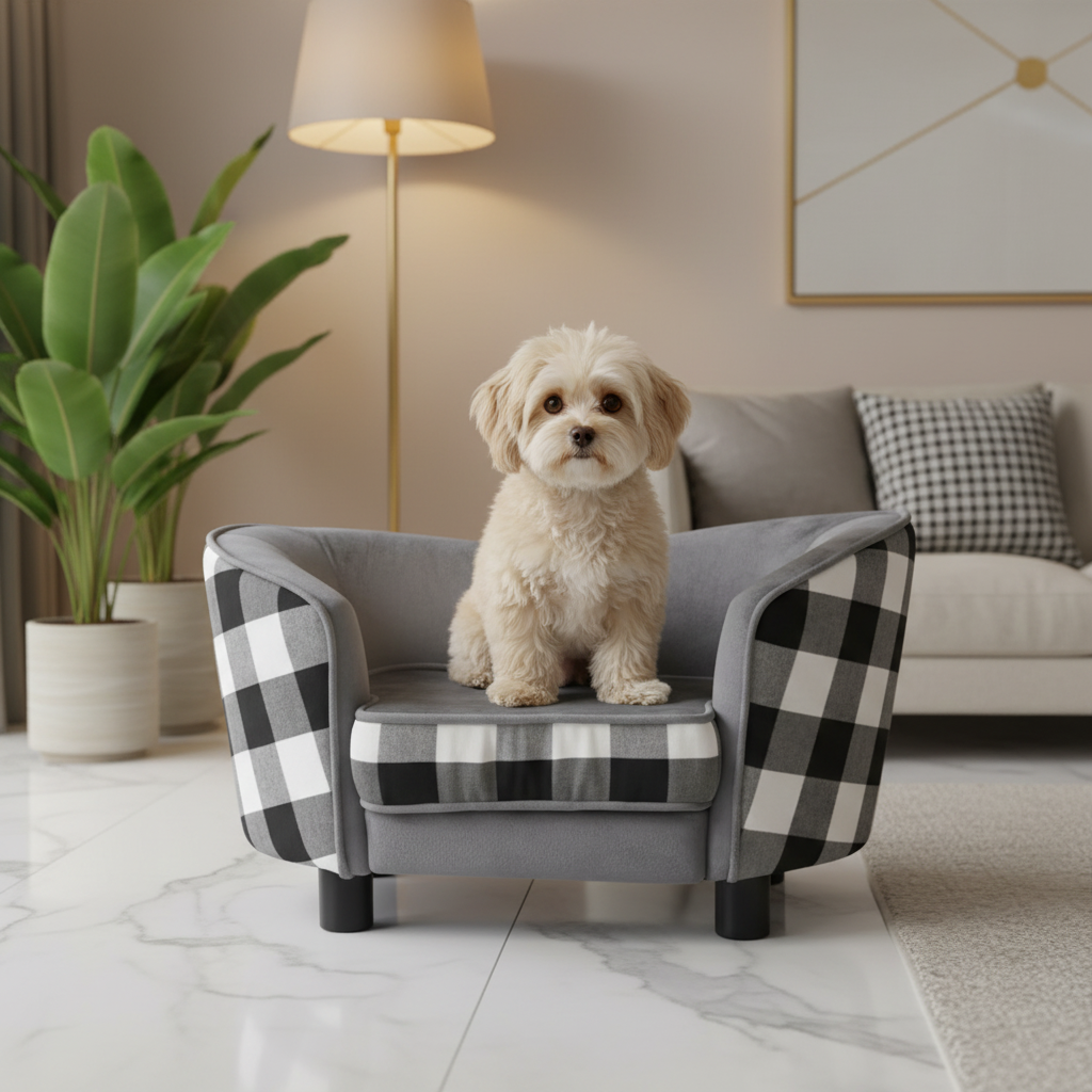 toutou assis dans canape pour chien noir et blanc