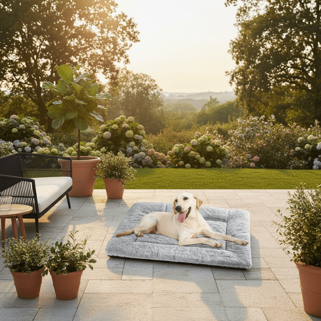 toutou assis dans grand matelas pour chien dans une terrasse