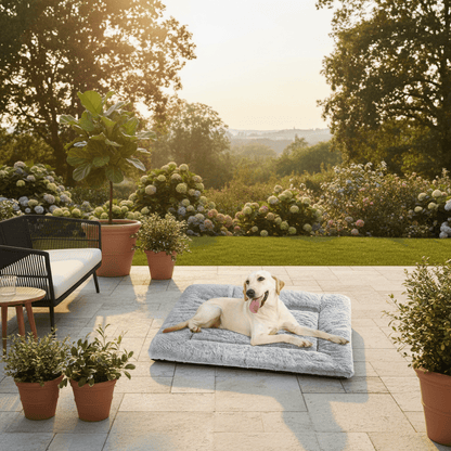 toutou assis dans grand matelas pour chien dans une terrasse