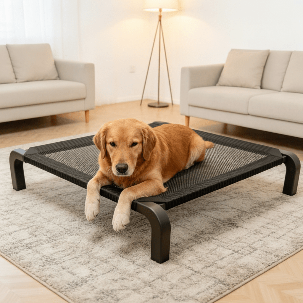 toutou assis dans lit de camp chien conception surélevé