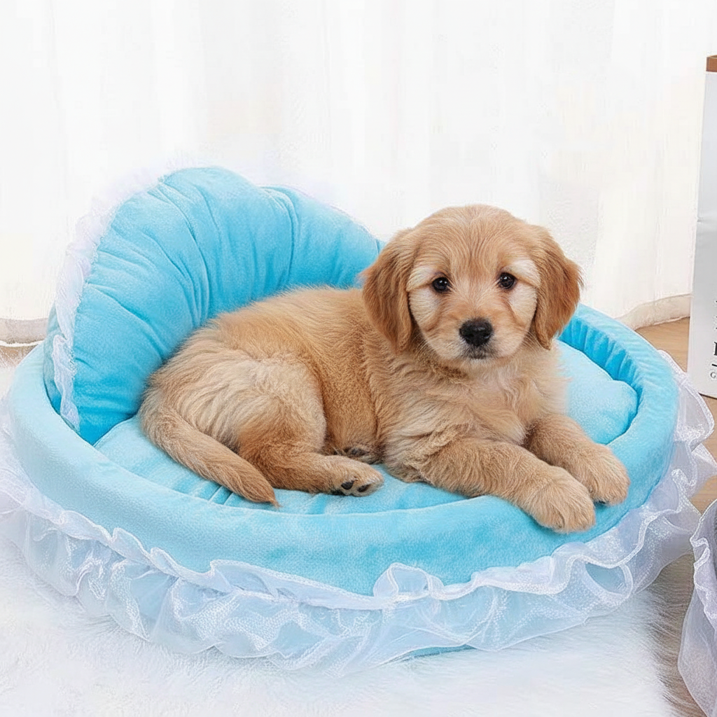 toutou assis dans lit pour chien doux