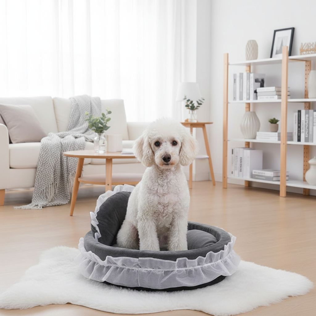 toutou assis dans lit pour chien princesse