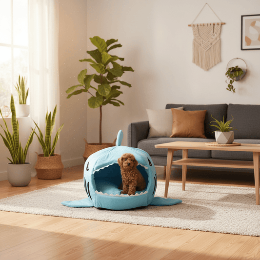 toutou assis dans niche pour chien intérieur dans salon