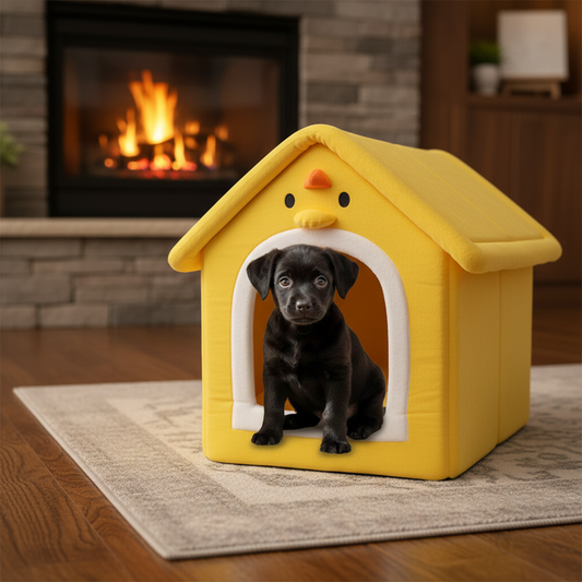 toutou assis dans niche pour chien intérieure dans salon