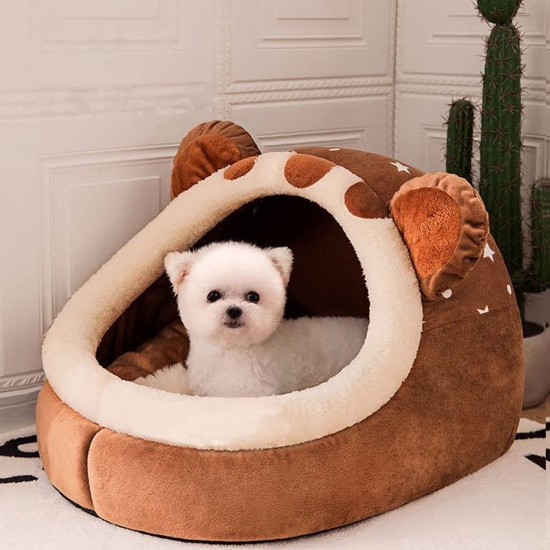 toutou assis dans panier igloo pour chien en peluche   