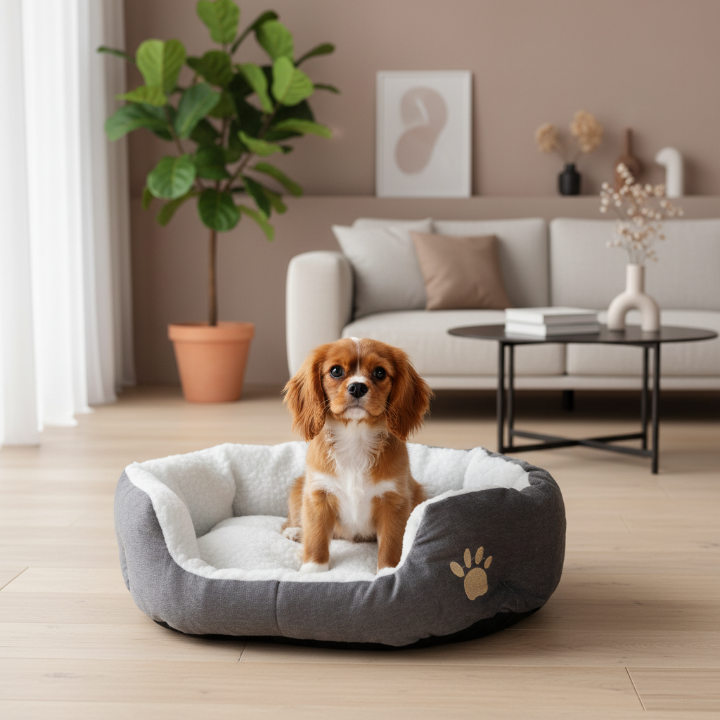 toutou assis dans panier pour chien doux