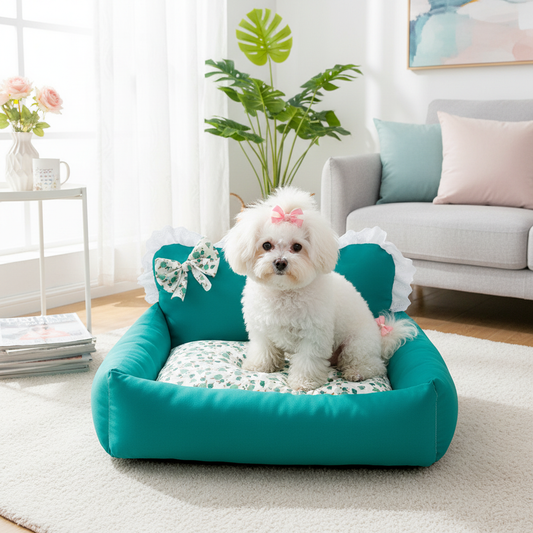 toutou assis dans petit canape pour chien chic