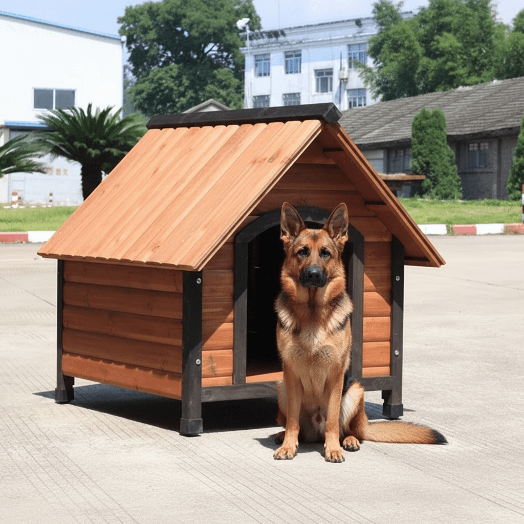 toutou assis devant sa cabane en bois pour chien