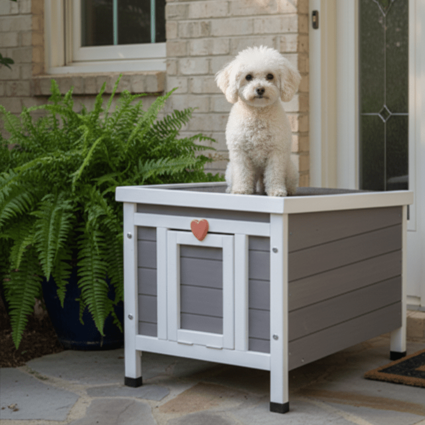 toutou assis sur cabane pour chien extérieur en bois  imperméable
