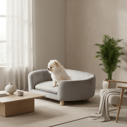 toutou assis sur canapé pour grand chien gris