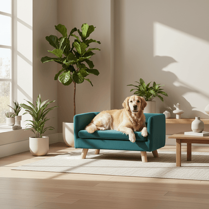 toutou assis sur canape sur pieds en bois pour grand chien
