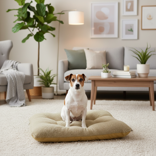 toutou assis sur coussin orthopédique pour chien chaud