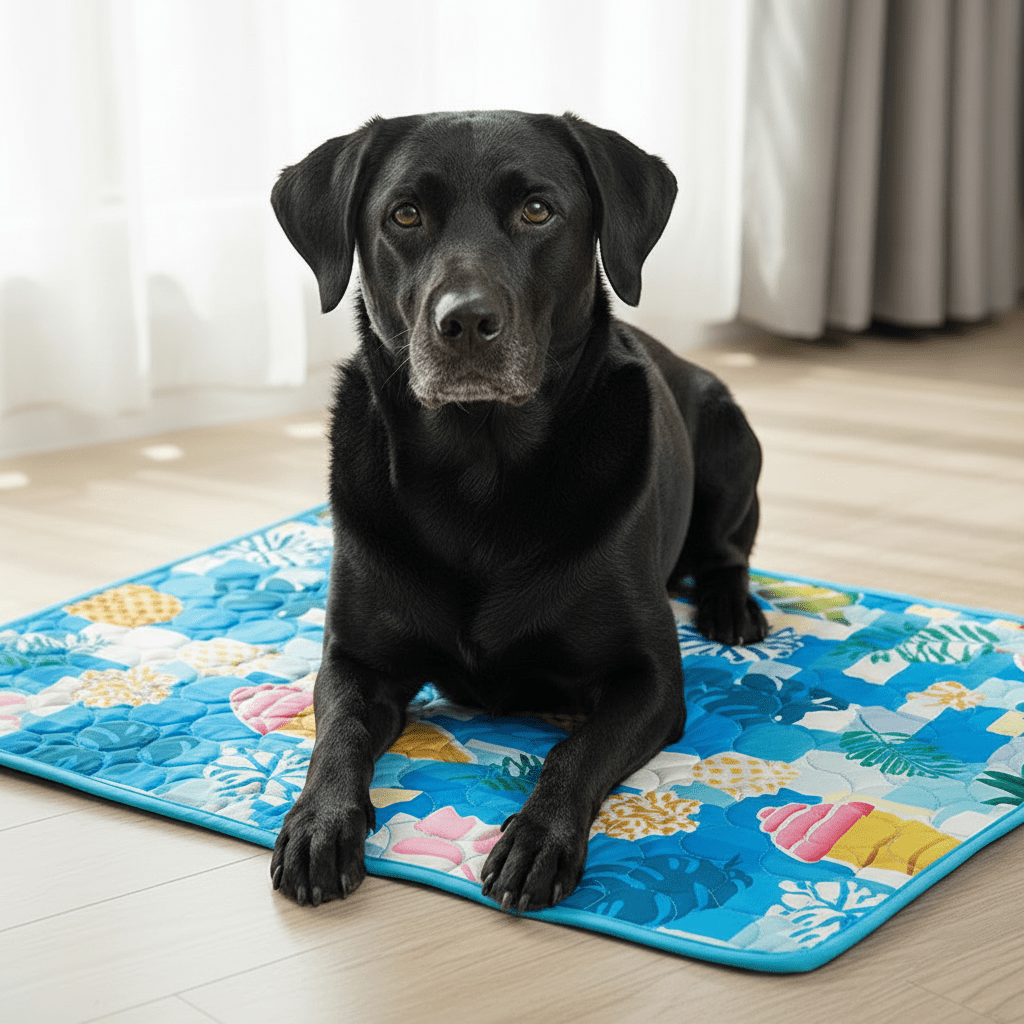 toutou assis sur couverture rafraichissante chien avec dessin glace