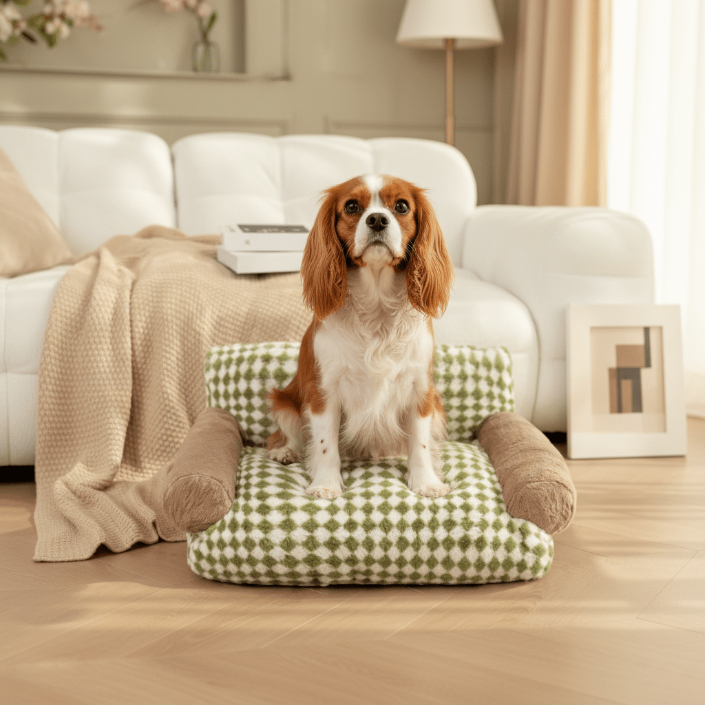 toutou assis sur petit canape pour chien en peluche