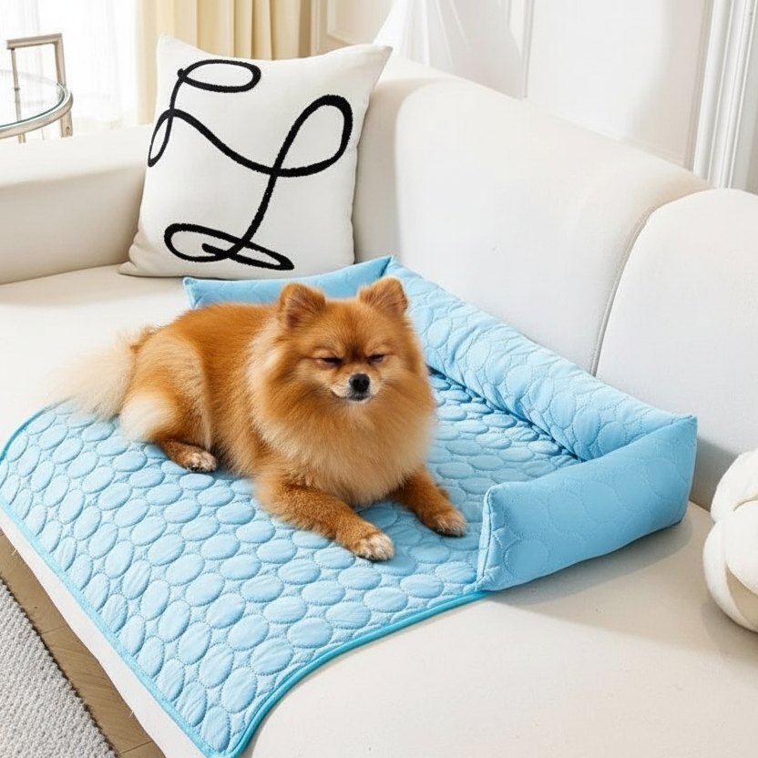 toutou assis sur tapis rafraichissant chien bleu
