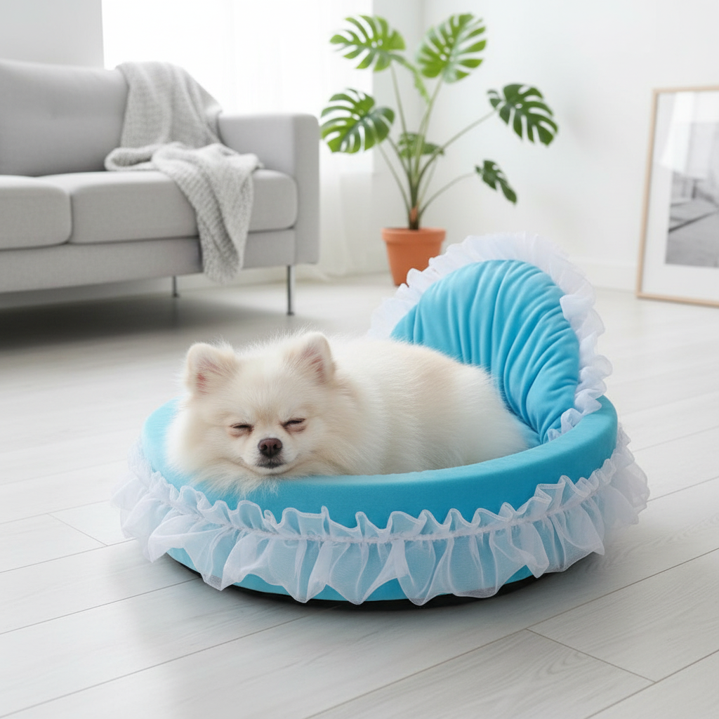 toutou assoupie dans lit pour chien en_velours_bleu