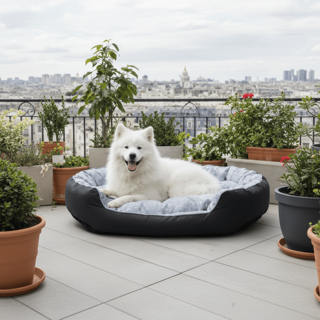 toutou content dans coussin orthopédique chien