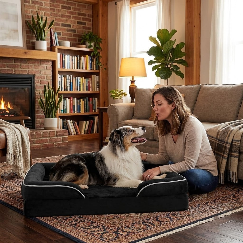 toutou content dans son canape pour chien XXL