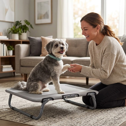 toutou content sur lit pliant pour chien cadre en tu d_acier