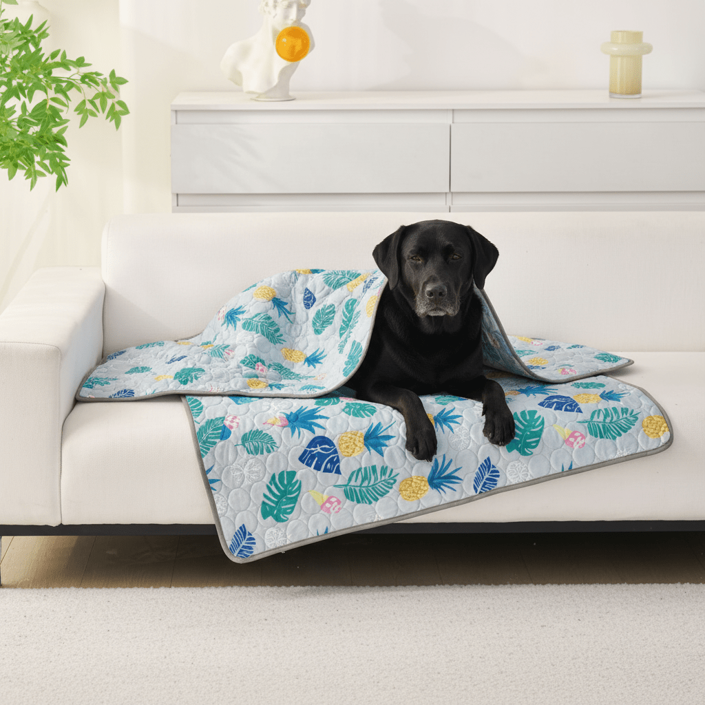toutou couvert avec la couverture rafraichissante chien sur le canape