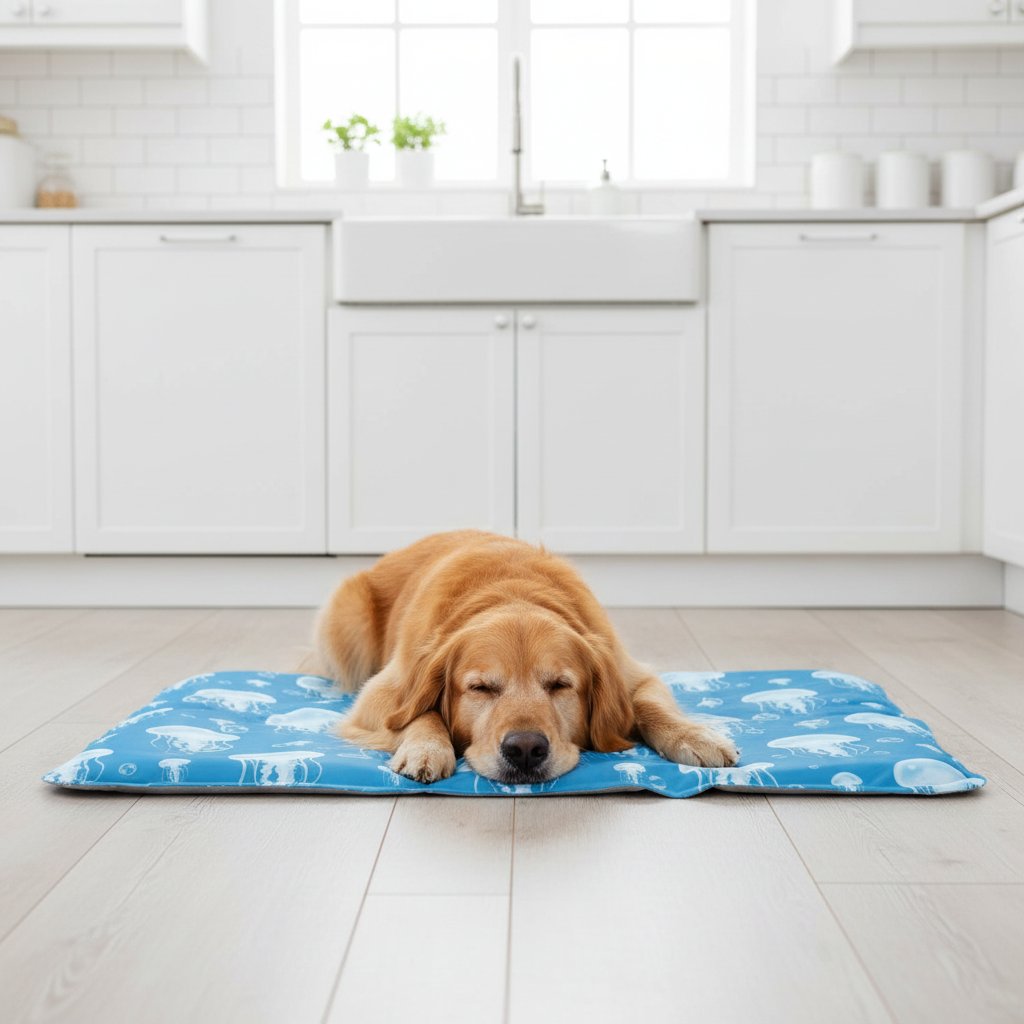 toutou détendu dans chien tapis rafraichissant bleu