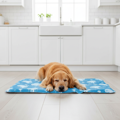 toutou détendu dans chien tapis rafraichissant bleu
