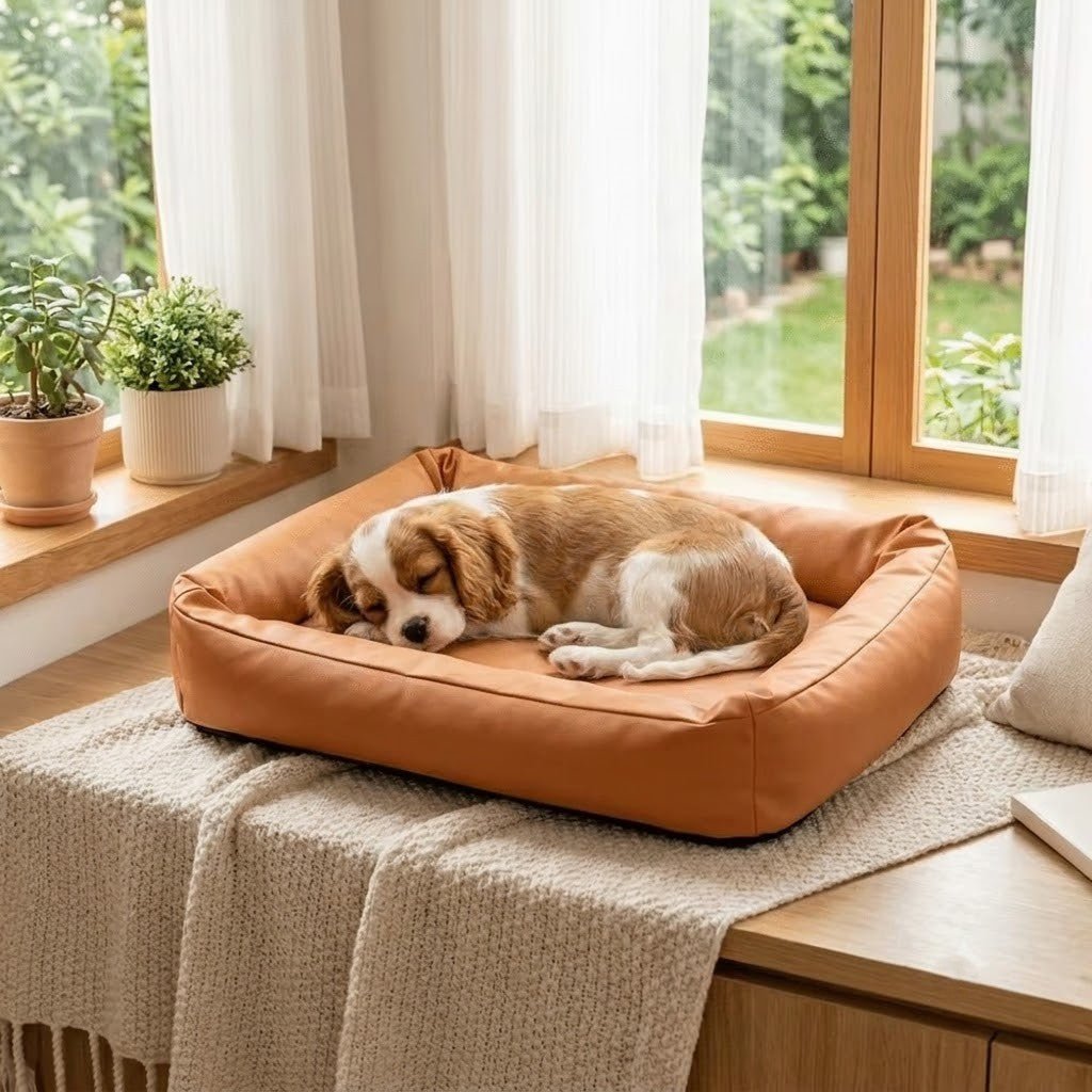 toutou détendu dans coussin imperméable pour chien incontinent orange